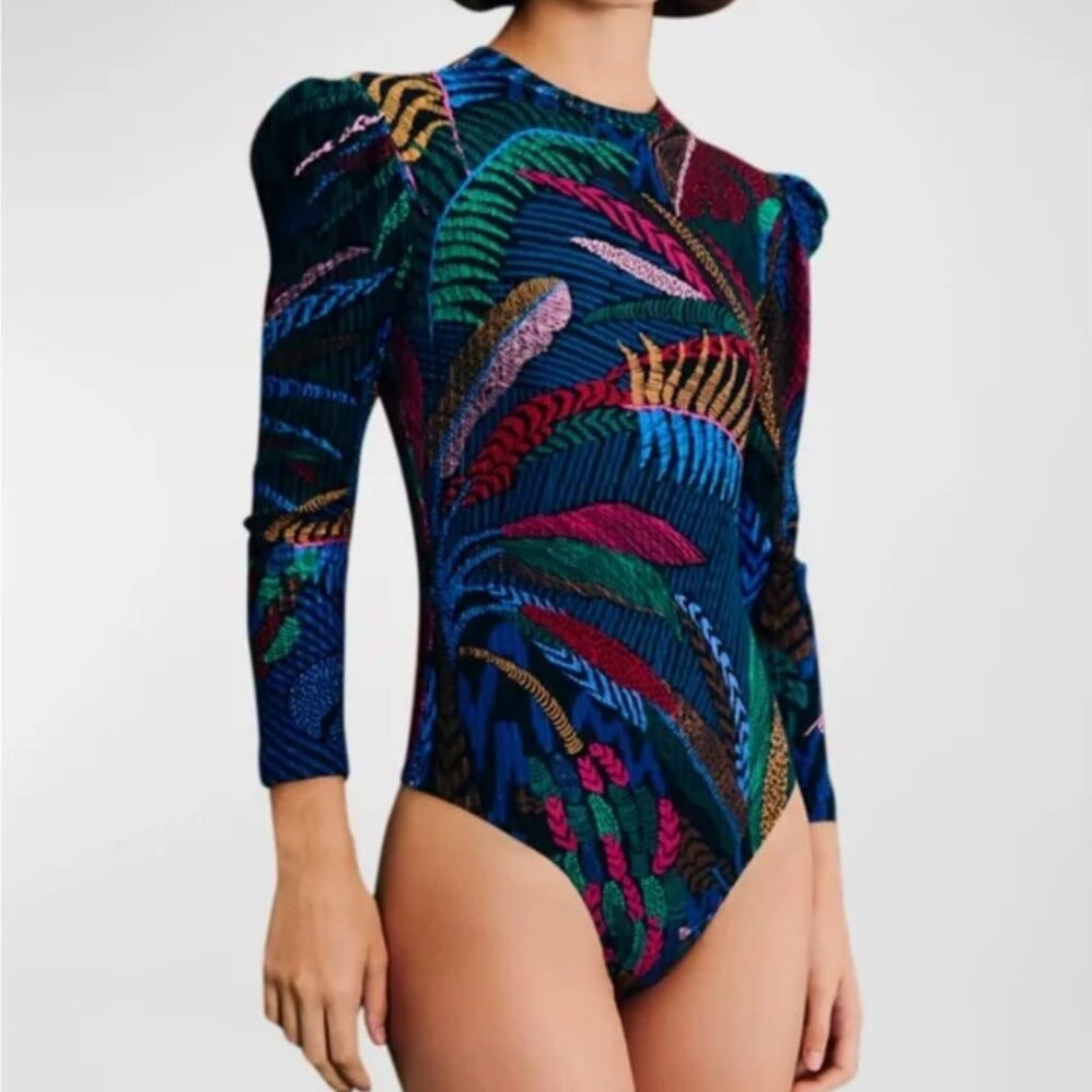 Farm Rio Amazonia Night Puff-Shoulder Bodysuit